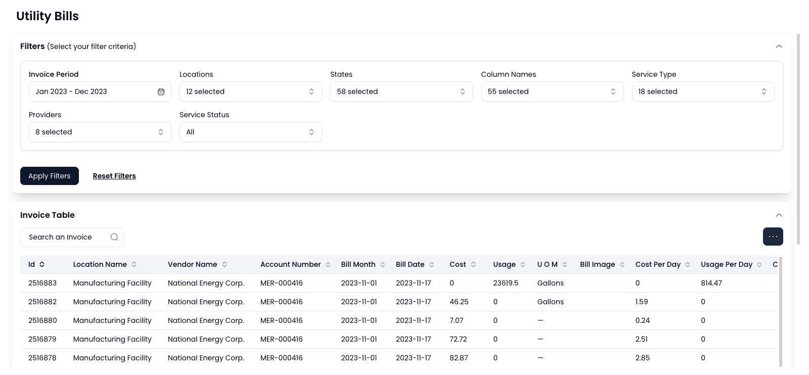 Utility Bills screen with filters for invoice period, locations, states, columns, service type and provider, above an invoice table listing id, location, vendor, account number, bill month, cost, usage and cost per day.