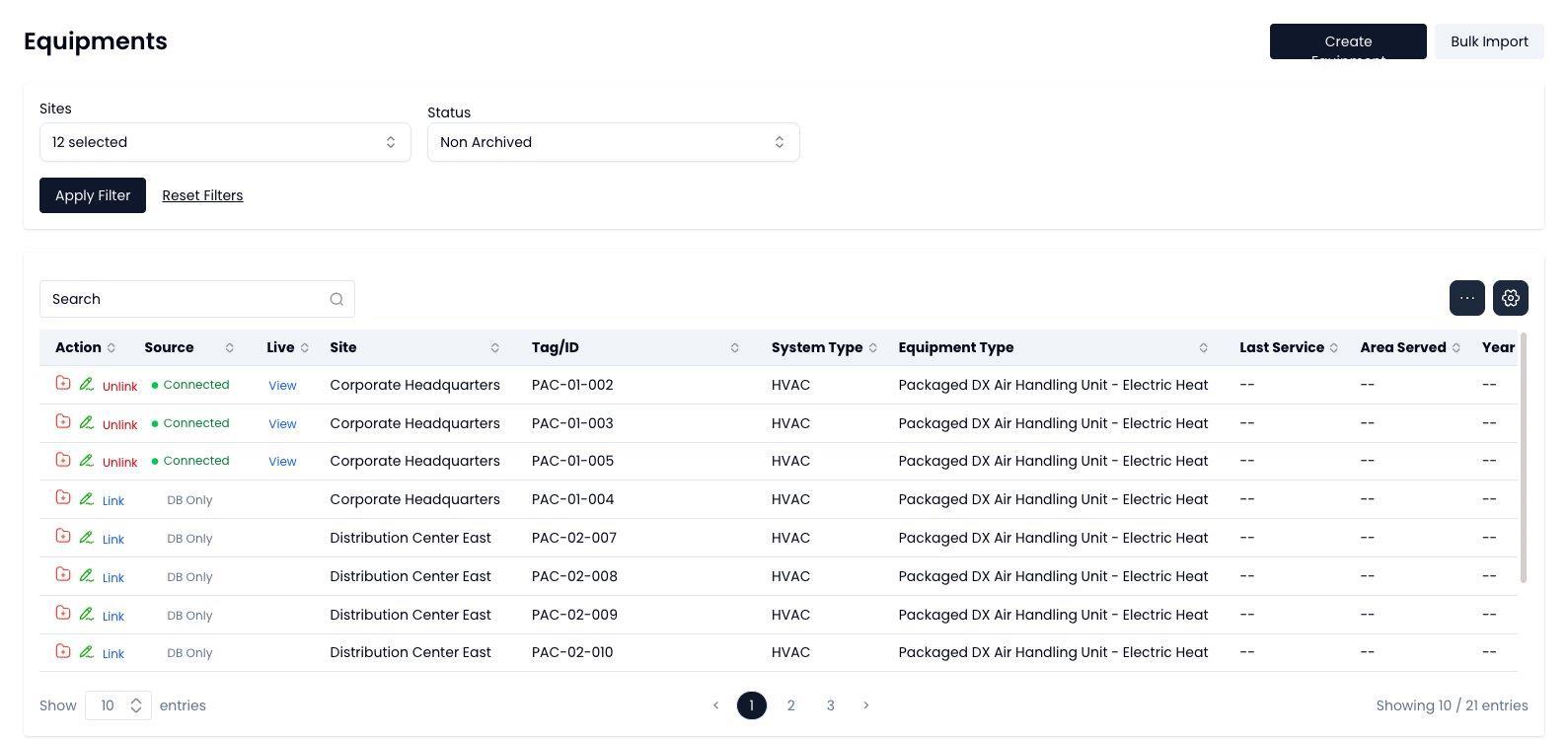 Equipment list filtered by site and status, showing each asset's source, live connection state, site, tag or ID, system type, equipment type, last service and area served, with create and bulk import actions.