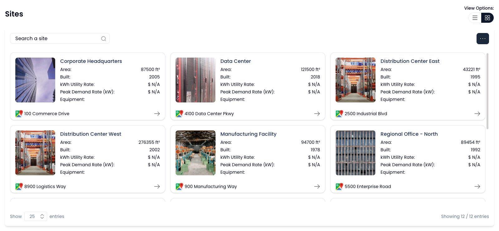 Sites screen in card view, each card showing a building photo, area in square feet, year built, utility and peak demand rates, equipment count and street address.